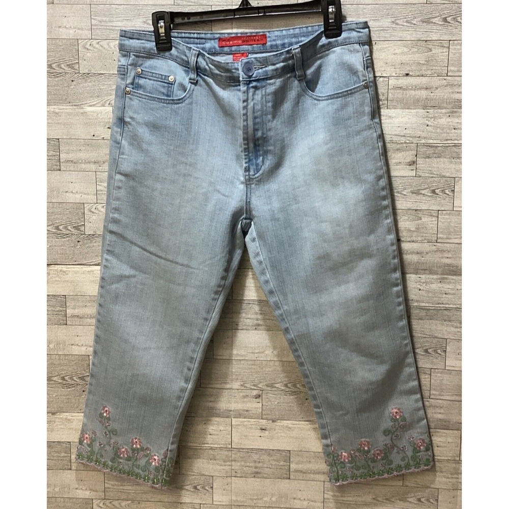Embroidered Light Blue Denim Capris